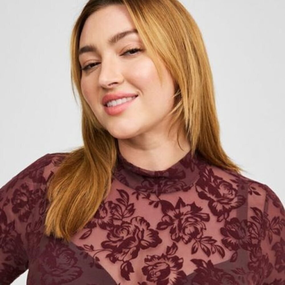 Torrid - Flocked Mesh Mock Neck Long Sleeve Top in Sassafras​​​​​​